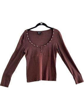 Moda International Chocolate Brown Long Sleeve Top With Tap Details Size L